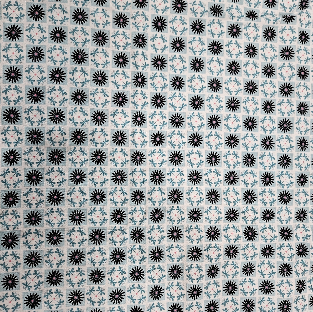 Floral Tile Print Cotton Fabric in White, Black & Teal By The Yard